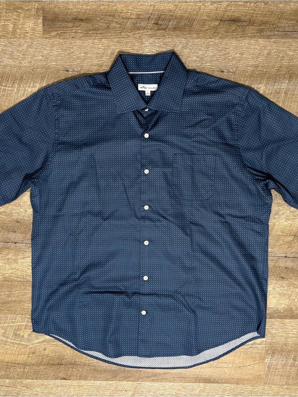 PETER MILLAR Golf Shirt Button Up Short Sleeve Men's XL Blue AOP Geometric